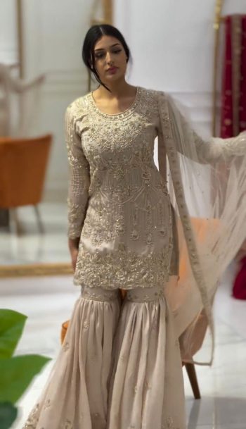 FASHIONABLE GEORGETTE EMBROIDERY SEQUENCE WORK TOP SHARARA WITH DUPATTA CREAM