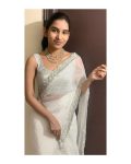 FASHIONABLE JIMMY CHOO BEAUTIFUL STONE WORK BORDER HAND WORK SRAEE WITH UNSTICTHED BLOUSE WHITE