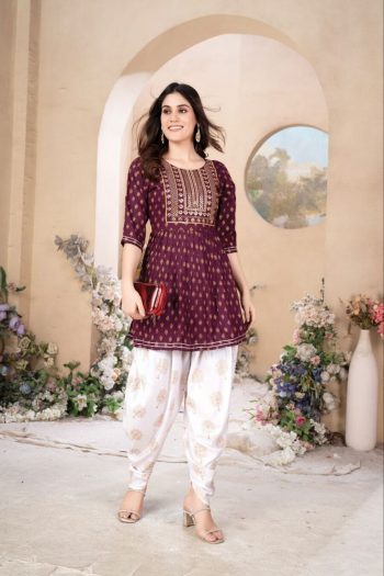 FASHIONABLE RAYON EMBROIDERY FOIL PRINTED TOP WITH DHOTI STYLE PANT SET WINE