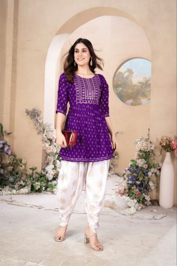 FASHIONABLE RAYON EMBROIDERY FOIL PRINTED TOP WITH DHOTI STYLE PANT SET PURPLE