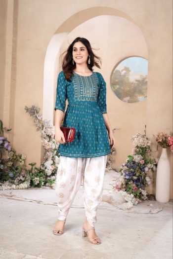 FASHIONABLE RAYON EMBROIDERY FOIL PRINTED TOP WITH DHOTI STYLE PANT SET SKY