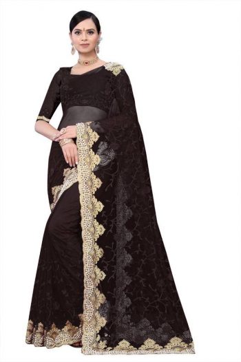 PARTY WEAR  NET DIAMOND WORK SAREE WITH UNSTITCHED BLOUSE BLACK