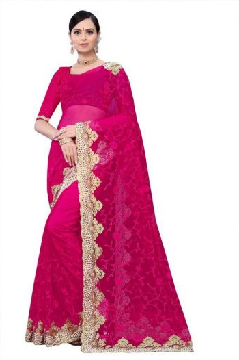 PARTY WEAR  NET DIAMOND WORK SAREE WITH UNSTITCHED BLOUSE RANI