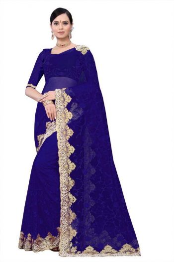 PARTY WEAR  NET DIAMOND WORK SAREE WITH UNSTITCHED BLOUSE BLUE