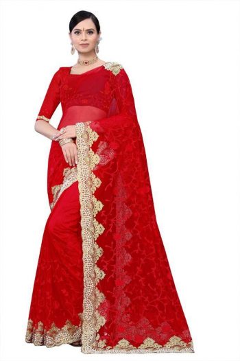 PARTY WEAR HEAVY NET AND EMBROIDERY DESIGN DIAMOND WORK SAREE RED