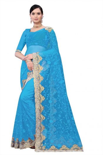 PARTY WEAR HEAVY NET AND EMBROIDERY DESIGN DIAMOND WORK SAREE SKY BLUE