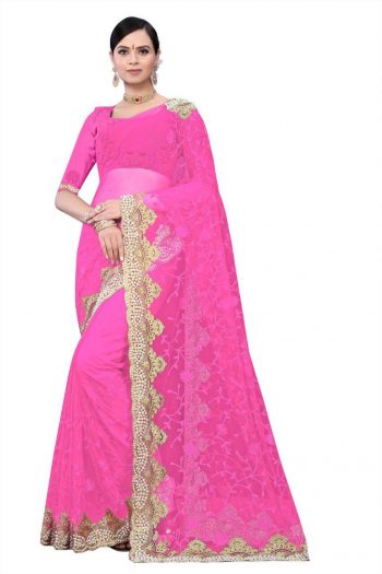 PARTY WEAR  NET DIAMOND WORK SAREE WITH UNSTITCHED BLOUSE INK