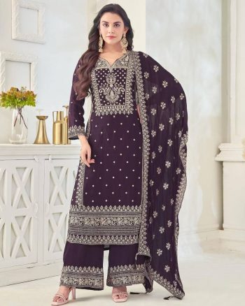 LATEST CHINON SILK EMBROIDREY SEQUENCE WORK TOP PALAZZO WITH DUPATT WINE