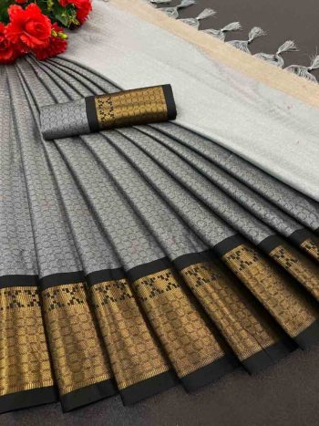 MOST PICKED WEDDING PURPOSE PREMIUM SOFT COTTON SILK WITH BROAD BORDER SAREE  GREY
