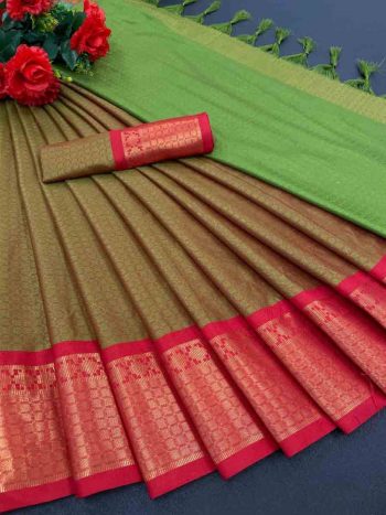MOST PICKED WEDDING PURPOSE PREMIUM SOFT COTTON SILK WITH BROAD BORDER SAREE OLIVE