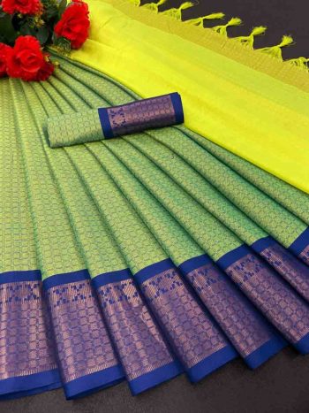 MOST PICKED WEDDING PURPOSE PREMIUM SOFT COTTON SILK WITH BROAD BORDER SAREE  SEA GREEN