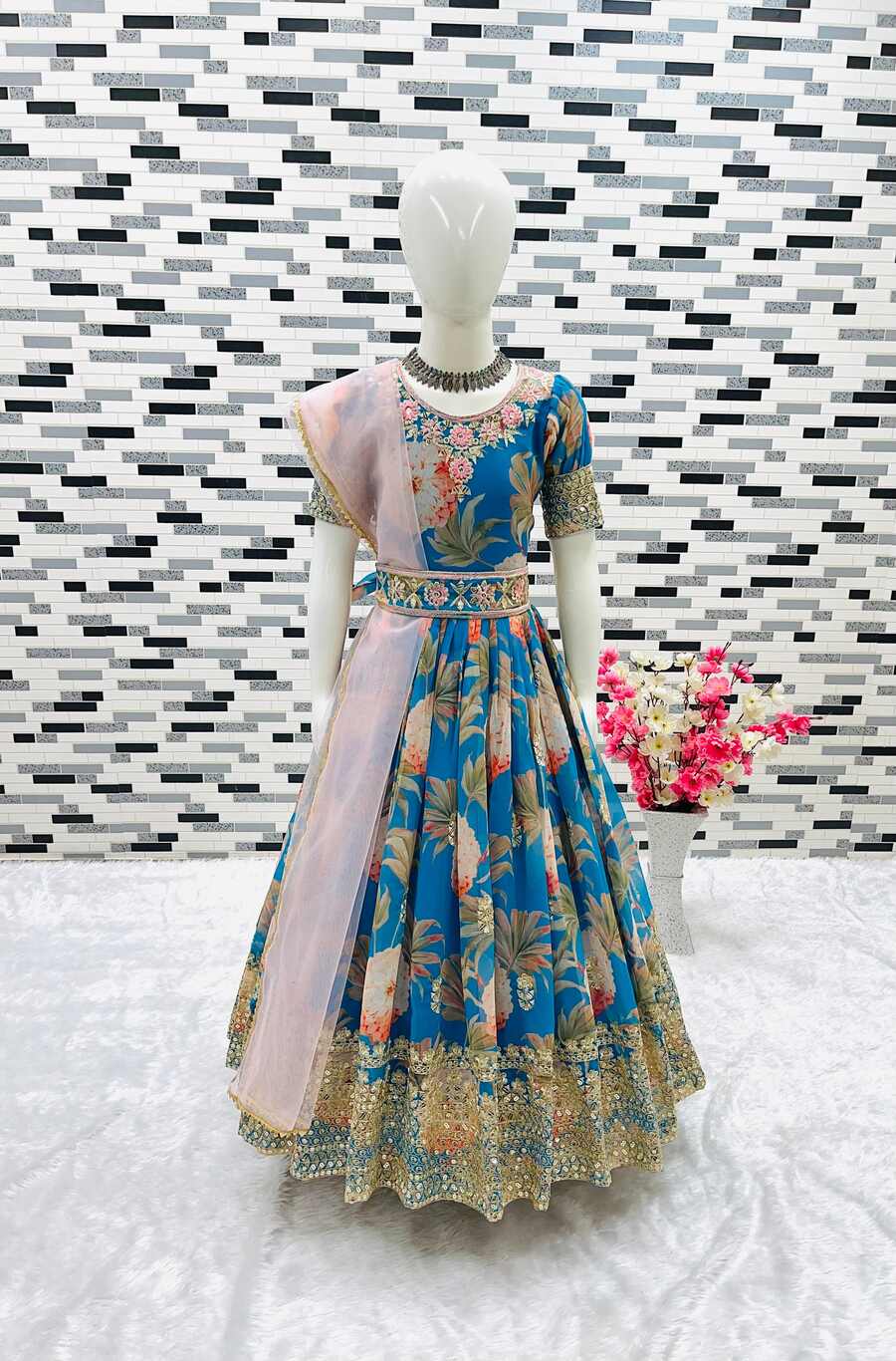 NEW ARRIVAL GEORGETTE DIGITAL PRINTED KID'S WEAR GOWN WITH DUPATTA AND BELT PARTY WEAR WHOLESALE PRICE ETHNIC GARMENT (11)
