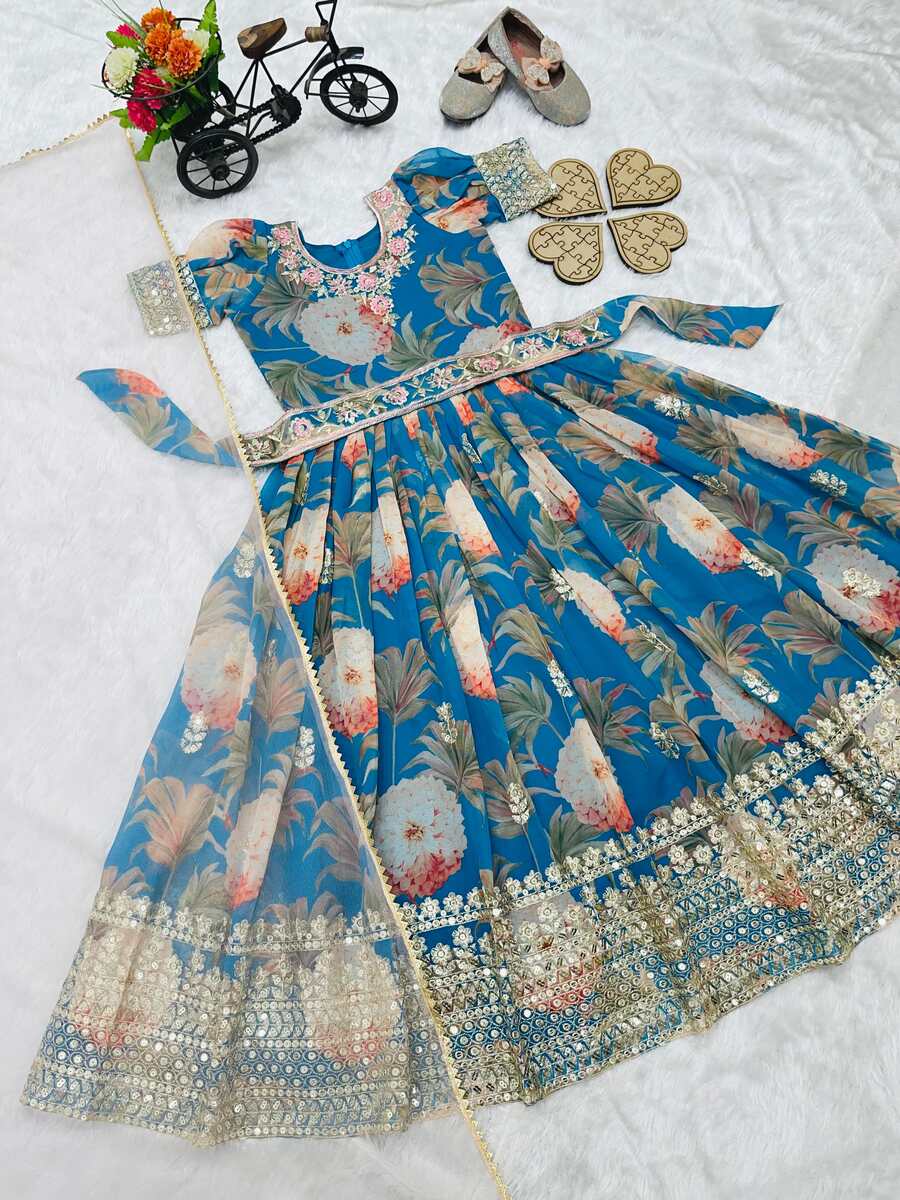 NEW ARRIVAL GEORGETTE DIGITAL PRINTED KID'S WEAR GOWN WITH DUPATTA AND BELT PARTY WEAR WHOLESALE PRICE ETHNIC GARMENT (12)