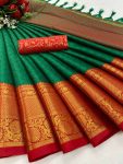 WEDDING SPECIAL COLLECTION AURA COTTON SILK FABRIC WITH STAR BROAD CONTRAST JACQUARD WORK SAREE  GREEN