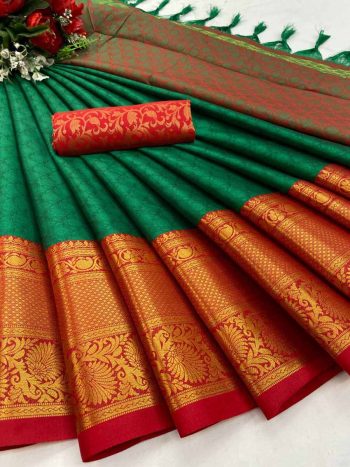 WEDDING SPECIAL COLLECTION AURA COTTON SILK FABRIC WITH STAR BROAD CONTRAST JACQUARD WORK SAREE  GREEN