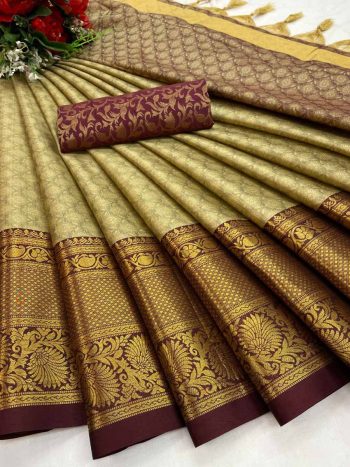 WEDDING SPECIAL COLLECTION AURA COTTON SILK FABRIC WITH STAR BROAD CONTRAST JACQUARD WORK SAREE  CHICKOO