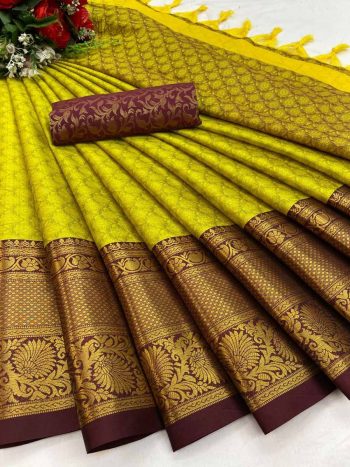 WEDDING SPECIAL COLLECTION AURA COTTON SILK FABRIC WITH STAR BROAD CONTRAST JACQUARD WORK SAREE  LEMON YELLOW