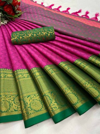 WEDDING SPECIAL COLLECTION AURA COTTON SILK FABRIC WITH STAR BROAD CONTRAST JACQUARD WORK SAREE  PINK