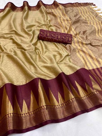 SPECIAL OCCASION COLLECTION AURA COTTON SILK FABRIC WITH STAR BROAD CONTRAST JACQUARD WORK SAREE  CHICKOO