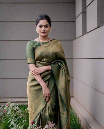 PARTY WEAR LOOK WITH GOLDEN ZARI WEAVING JACQUARD SAREE DARK GREEN