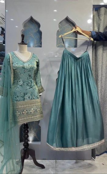 RICH LOOK CHINON EMBROIDERY SEQUENCE WORK TOP PALAZZO WITH DUPATTA SKY