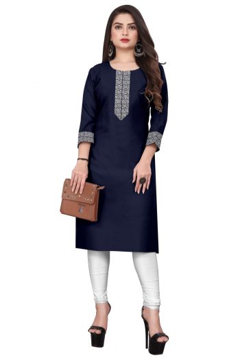 RICH LOOK COTTON  LACE BORDER WORK ONLY KURTI NAVY BLUE
