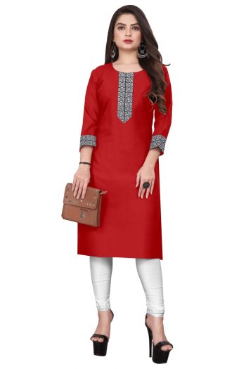RICH LOOK COTTON  LACE BORDER WORK ONLY KURTI RED