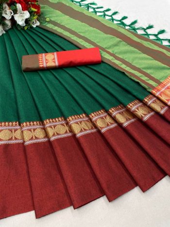 RICH LOOK COTTON SILK SAREE WITH JACQUARD WORK BORDER SAREE WITH UNSTITCHED BLOUSE GREEN