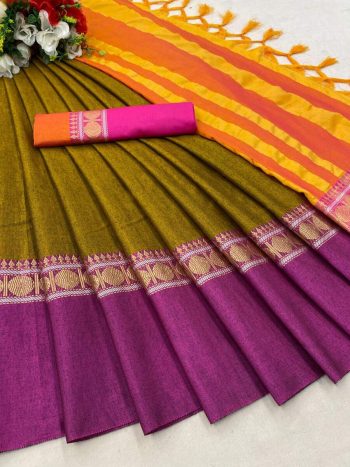 RICH LOOK COTTON SILK SAREE WITH JACQUARD WORK BORDER SAREE WITH UNSTITCHED BLOUSE MEHNDI