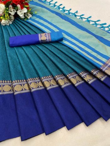 RICH LOOK COTTON SILK SAREE WITH JACQUARD WORK BORDER SAREE WITH UNSTITCHED BLOUSE SKY BLUE