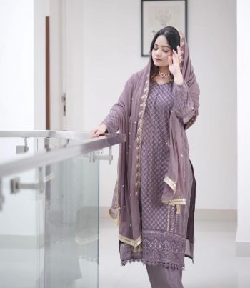 RICH LOOK GEORGETTE EMBROIDERY SEQUENCE WORK TOP PANT WITH DUPATTA PINK