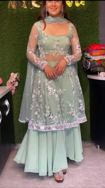 RICH LOOK NET EMBROIDERY SEQUENCE WORK CHOLI PALAZZO KOTI WITH DUPATTA PISTA