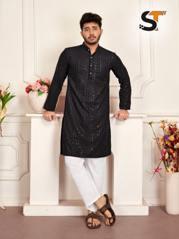 RICH LOOK RAYON CHICKENKARI WORK MENS KURTA PAJAMA BLACK
