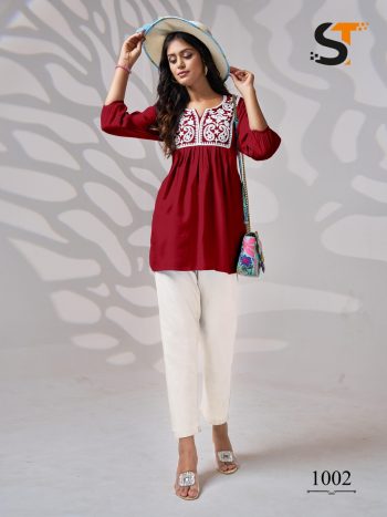 RICH LOOK RAYON EMBROIDERY WORK ONLY KURTI RED