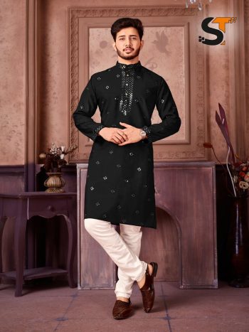 RICH LOOK SILK EMBROIDERY SEQUENCE WORK MENS KURTA PAJAMA BLACK