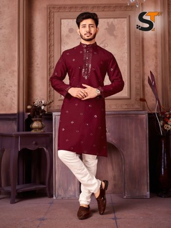 RICH LOOK SILK EMBROIDERY SEQUENCE WORK MENS KURTA PAJAMA MAROON