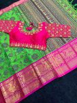 TRADITIONAL COTTON SILK JACQUARD WORK SAREE WITH STITCHED BLOUSE PERROT GREEN