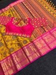 TRADITIONAL COTTON SILK JACQUARD WORK SAREE WITH STITCHED BLOUSE MUSTARD
