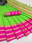 TRADITIONAL KHADI COTTON JACQUARD WORK SAREE WITH UNSTITCHED BLOUSE PERROT GREEN