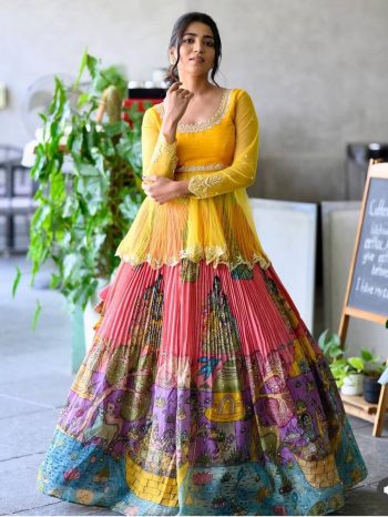 TRENDING CHINON SILK DIGITAL PRINTED CRUSH PATTERN TOP WITH LEHENGA PINK