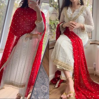 TRENDING GEORGETTE EMBROIDERY SEQUENCE WORK TOP BOTTOM WITH DUPATTA WHITE