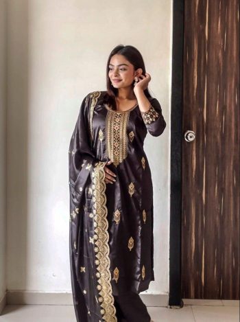 TRENDING MALAY SATIN EMBROIDERY WORK TOP BOTTOM WITH DUPATTA BLACK