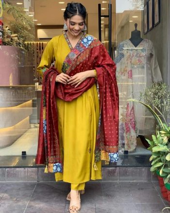 TRENDING ROMAN SILK HAND WORK TOP BOTTOM WITH DUPATTA YELLOW