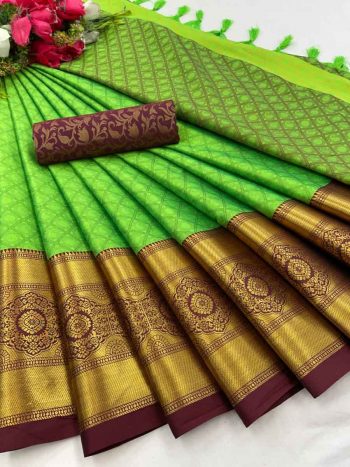 PLAIN PARTY WEAR AURA COTTON SILK SAREE  PARROT