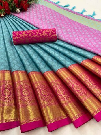 PLAIN PARTY WEAR AURA COTTON SILK SAREE  SKY BLUE