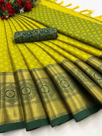 PLAIN PARTY WEAR AURA COTTON SILK SAREE  LEMON