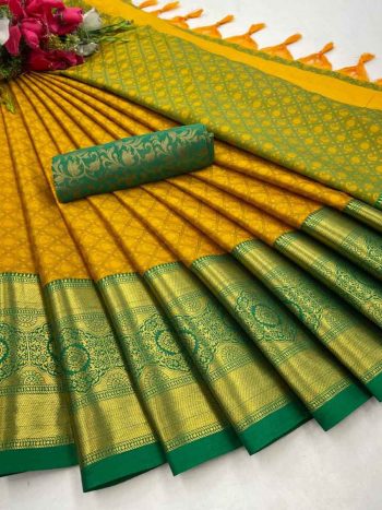 PLAIN PARTY WEAR AURA COTTON SILK SAREE  MUSTARD