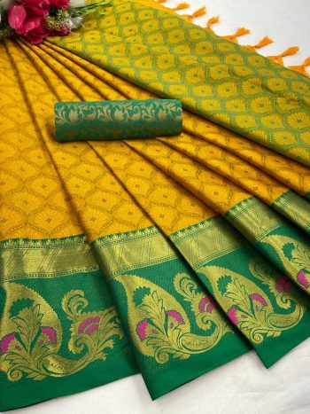 DESIGNER COTTON SILK JACQUARD WORK SAREE WITH UNSTITCHED BLOUSE YELLOW