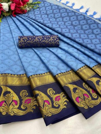DESIGNER COTTON SILK JACQUARD WORK SAREE WITH UNSTITCHED BLOUSE SKY BLUE