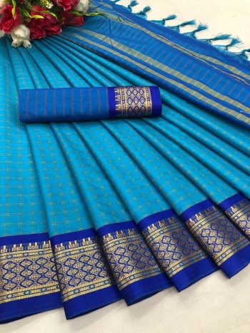 NEW ARRIVAL SOFT COTTON JACQUARD PALLU SAREE WITH UNSTITCHED BLOUSE SKY
